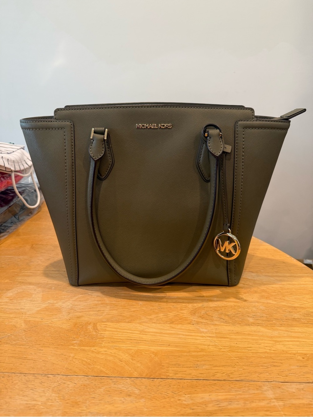 Michael Kors Olive Saffiano Leather Tote with Gold MK Charm